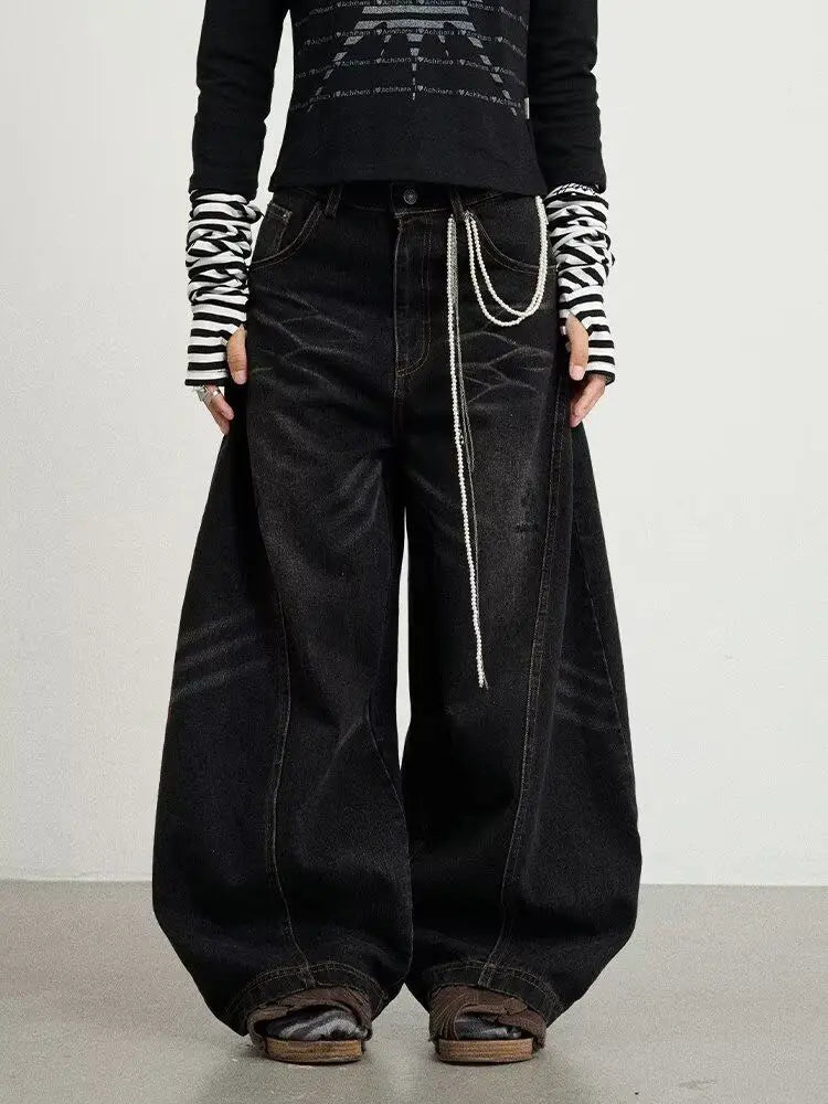 Lunivop Y2k Vintage Scimitar Washed Jeans Women and Men Harajuku Wide Leg American Retro Denim Pants Baggy Streetwear Spring