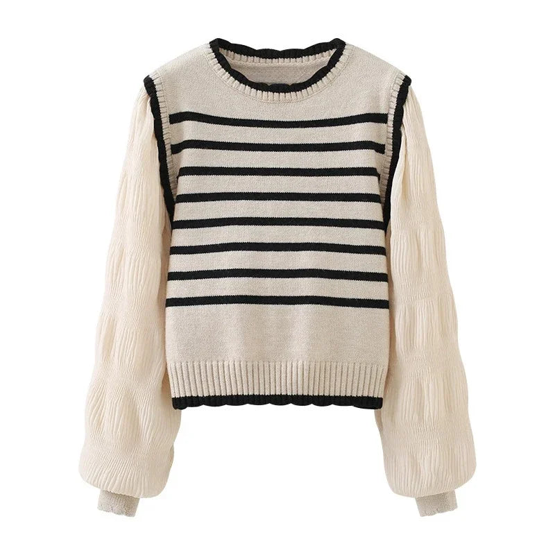 Lunivop Fake Two Piece Sweater Women Contrast Striped Puffed Sleeve Knitted Pullover Jumper Blouse Korean Fashion Top Fall Winter Outfit