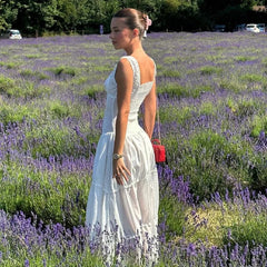 Lunivop   Elegant Square-neck White Maxi Dress Casual Summer Slim Lace Up Sleeveless Dreses 2024 French Party Beachwear Vestidos