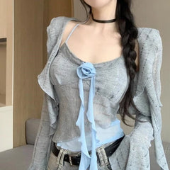 Lunivop  Sweet Vintage 3D Rose Halter Patchwork Camisole Vest+ Irregular Hollow Out Long Sleeve Cardigan Spring New Two Piece Sets