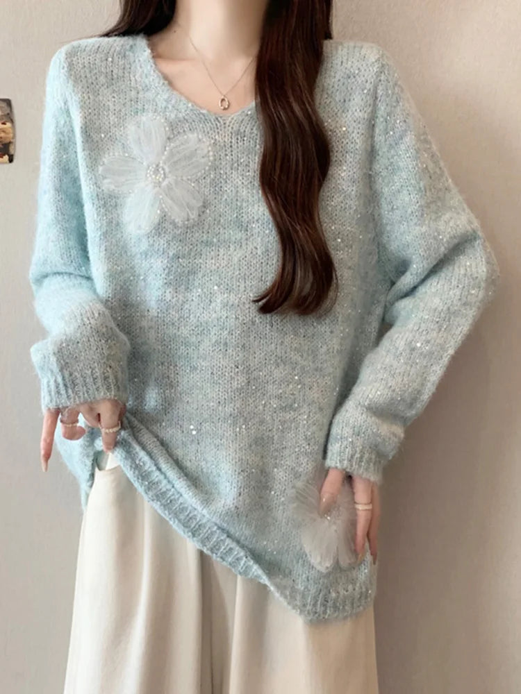 Lunivop 3D Floral Sweet Sweaters Women Loose Fashion V Neck Elegant Knitted Jumper Casual Chic Korean Female Fall Winter Long Sleeve Top