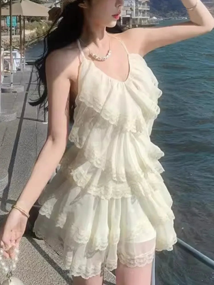Lunivop  Basics Sweet Beige Long Dresess Ruffled Hdiday Straps Short V-Neck Dress Spring Summer Holiday midi elbiseler Vestidos New