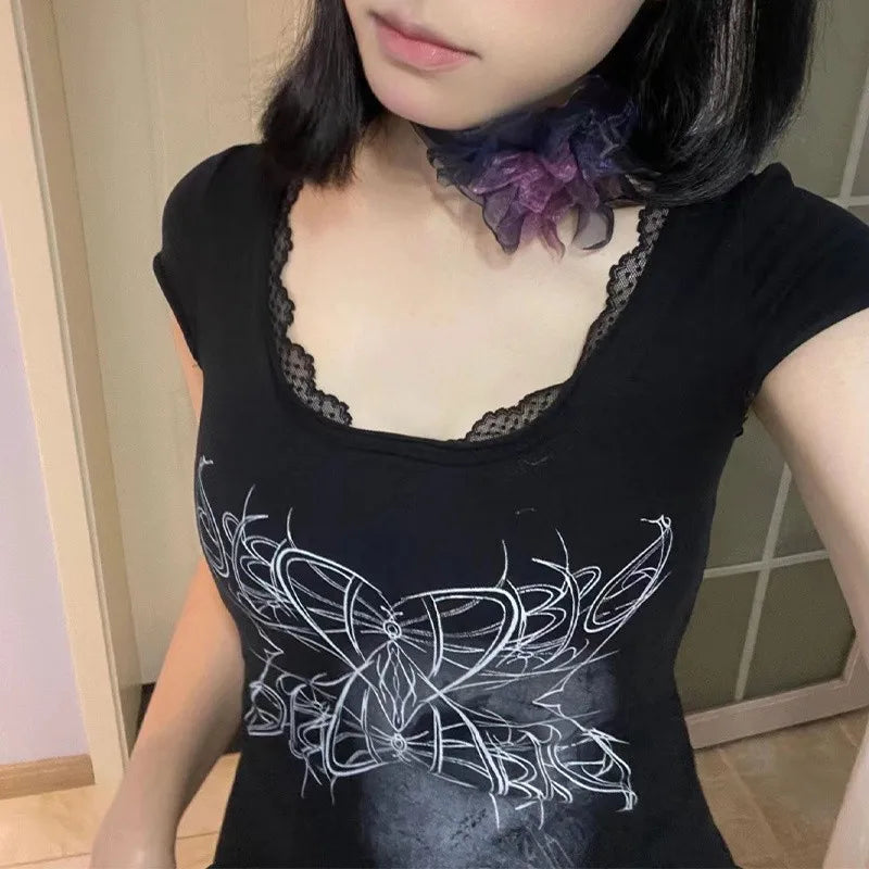 Lunivop New Fangyuan Collar Print Lace Splicing Retro Millennium Y2K Spice Girls Short Sleeve Shirt Slim Summer Half Sleeve Top