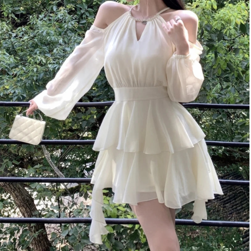 Lunivop Elegant Chiffon Dresses for Women Fairycore Casual White Dress Sweet Korean Fashion Off Shoulder Summer Mini Dress Slim