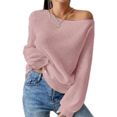 Lunivop  Women's Winter Clothing Off Shoulder Loose Fit Long Sleeve Solid Color Ribbed Crew Neck Sweater Women's Cheap Clothing Free