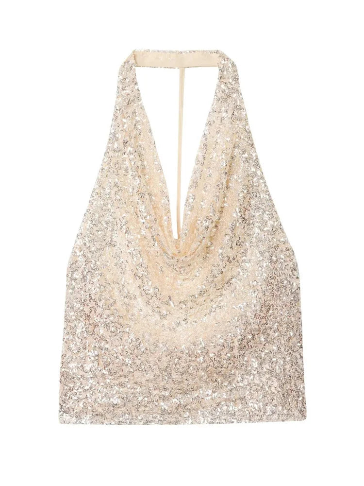 Lunivop  Autumn Sexy Fashion Tank Top Female V-Neck Patchwork Backless Sleeveless Cropped Y2k Top Lace-Up Women's Sequin Tanks Top