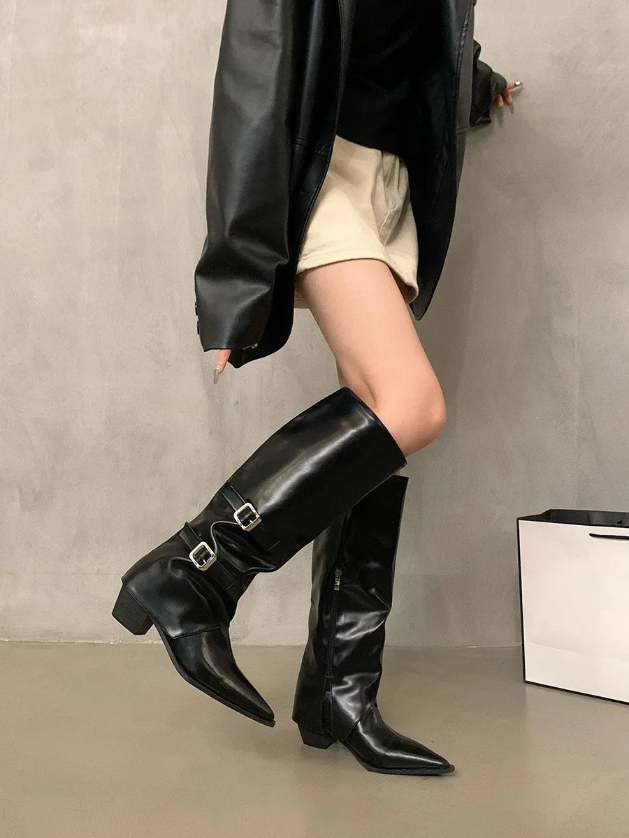 Lunivop Retro Style Women Knee High Boots New 2025 Fashion Belt Buckle Shoe Autumn Winter Wedges Heel Women Non-slip Knight Long Booties