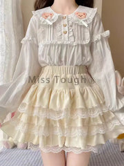 Lunivop Autumn Winter Sweet Solid Elastic Waist Skirt Women Elegant Chic Lace  High Waist Short Skirt Female Design Cute Cake Skirt New