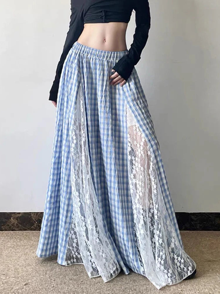 Lunivop  Lace Patchwork Plaid Long Skirts Women Vintage Loose Sexy A Line Skirt French Retro Elegant Lady Design Sweet Casual Skirt