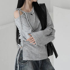 Lunivop   Asymmetrical Off-shoulder Crop Top Grey Bandage Drawstring Long Sleeve Knitted T Shirts Korean Fashion Casual Tees Women