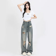 Lunivop American Retro Hole-punched Jeans Women High Waist Straight-crotch Loose Slim Design High-street Vibe Wide-legged Dragging Pants