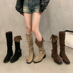 Lunivop Designer Leopard Pleated Knee Boots Woman Chunky Heel Pull-on Long Booties Ladies Fashion Buckle High Knight Botas De Mujer