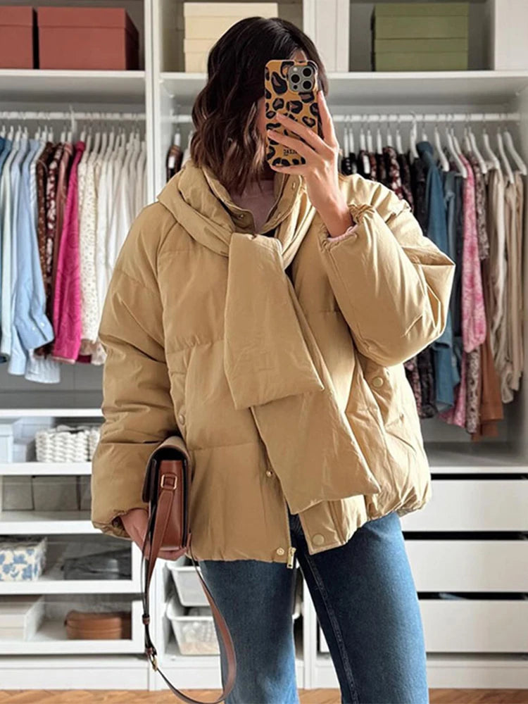 Lunivop Elegant Hooded Scarf Collar Down Jackets Women Casual Loose Long Sleeved Pocket Coat Female 2025 New Solid Commuter Outerwear