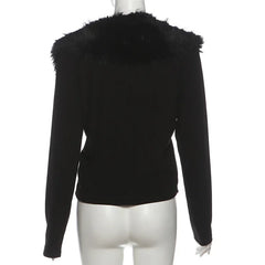 Lunivop  Women Fashion Furry Collar Patchwork Ribbed Cardigans Sexy V Neck Long Sleeve Single Breasted Slim Casual Coats Streetwear Tops