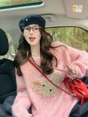 Lunivop Cute Cartoon Pink Sweater Women Sweet Long Sleeve Knitted Kawaii Jumper Vintage Japan O Neck Lady Casual Lazy Wind Tops New