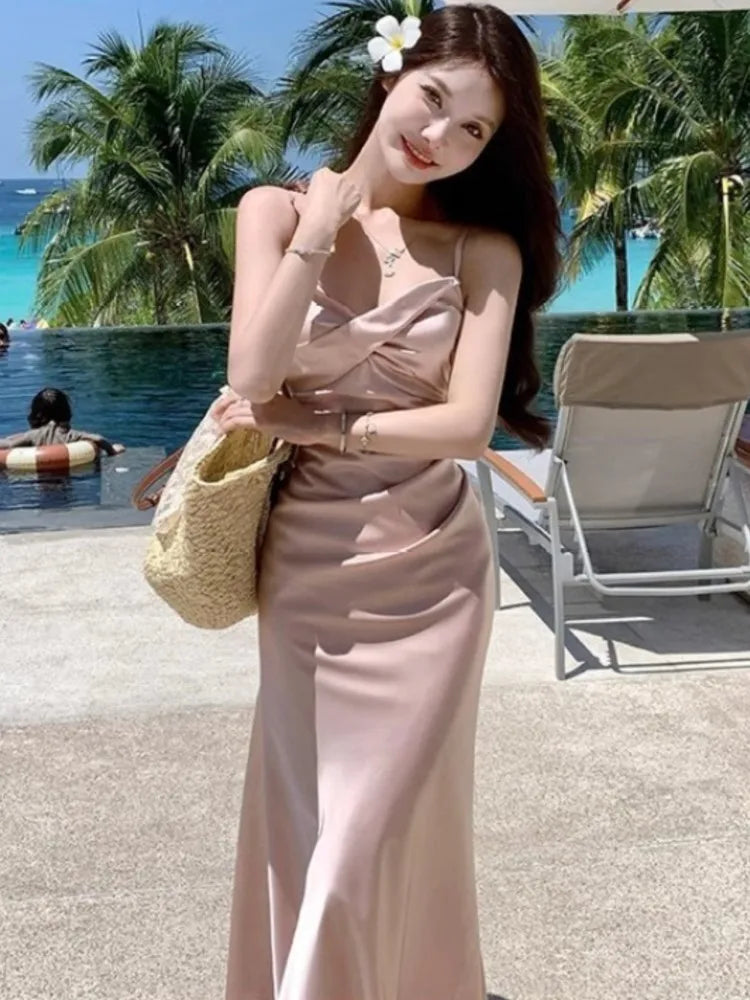 Lunivop  Sexy Backless Satin Straps Midi Dresses for Women Summer Elegant Party Sleeveless Female Beach Holiday Pink Clothing