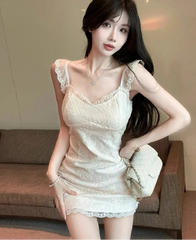 Lunivop  Women Dress Sleeveless Lace Patchwork Slash Neck Slim Elegant French Style Chic Party Mini Dresses Female Fashion