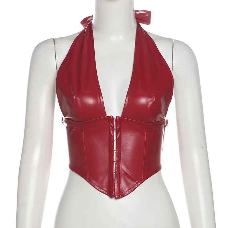 Lunivop PU Leather Busiter Corsset Tops Sexy Low Cut Deep V Neck Backless Crop Top Club Camisole Clothes Women Summer Tank Tops