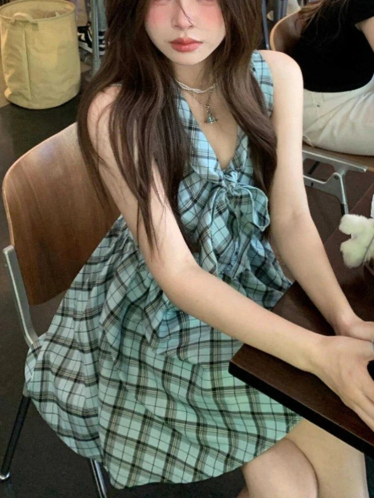 Lunivop  Vintage Sweet Y2K Casual Chic Dress Women Slim Fit Bow V Neck Checkered Dress Summer Sexy Chic Spaghetti Strap Mini Skirt Outfit