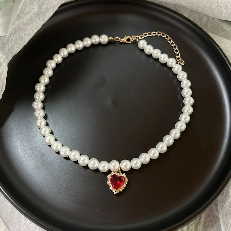 Lunivop Vintage Red Crystal Heart Pendant Choker Necklaces For Women Baroque Pearl Wedding Aesthetic Jewellery