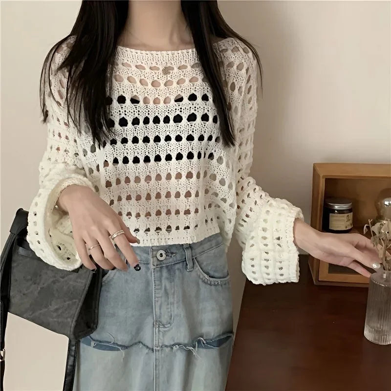 Lunivop Long Sleeve Crochet Knit Top Summer Beach Bikini Cover Up Crop Pullover Wool Knitwear Blouse Women Vacation Boho Outfit