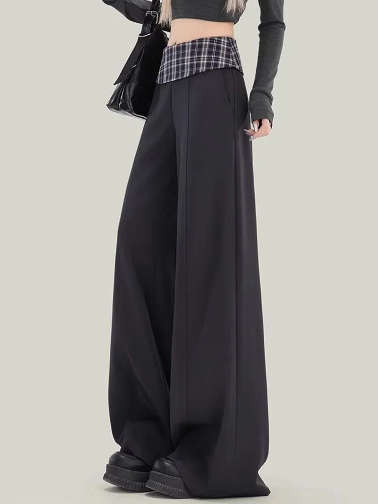 Lunivop Plaid Patchwork Suit Pant Women Vintage Casual Korean High Waist Trouser Autumn Retro Loose Elegant Black Wide Leg Pant New