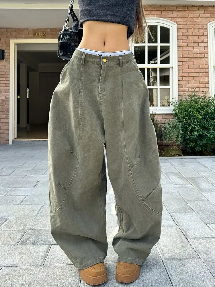 Lunivop Y2K Vintage Wash Women Cargo Jeans Harajuku Scimitar Wide Leg American Retro Denim Pants Baggy Trousers Gyaru Streetwear