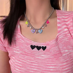 Lunivop Kpop Goth Y2K Colorful Star Heart Pendant Bead Necklace For Women Street Hip Hop Aesthetic Vintage Punk EMO Jewelry Accessories