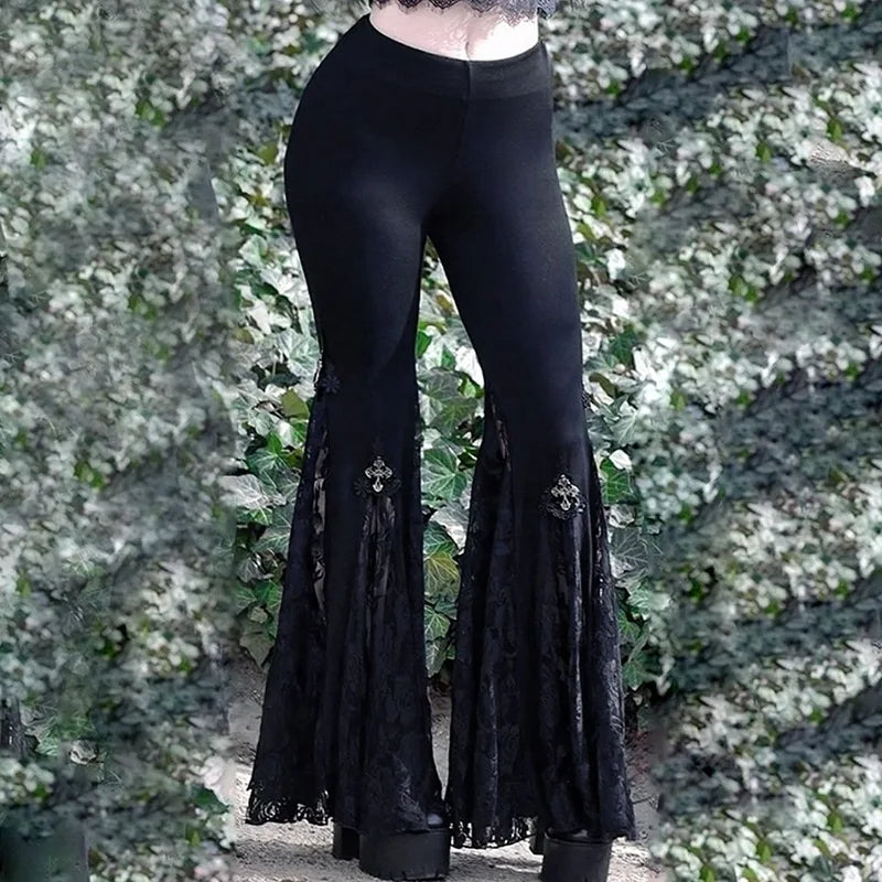 Lunivop Goth Mall Flare Pants Sexy Black Lace Patchwork High Waist Vintage Harajuku Hippie Punk Grunge Streetwear  Y2k Pants