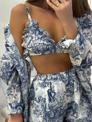 Lunivop  Retro Ink Shirt Three-piece Shorts Suit Women's Summer Casual Long Sleeve Button Print Fashion Shirt with Shorts Suit