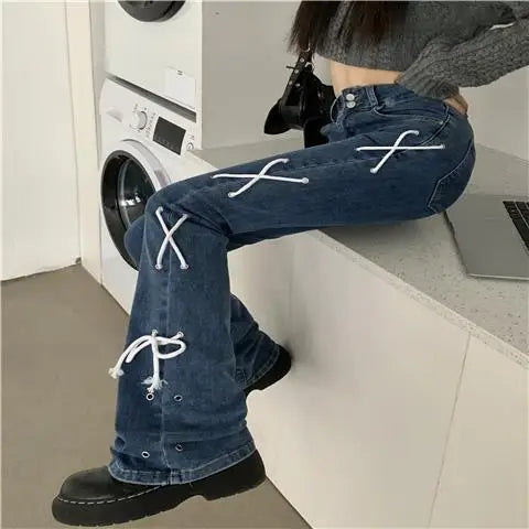 Lunivop  American Alt Streetwear Women Pantalones De Mujer Bandage Jeans Wide Leg Denim Flare Pants Trousers Y2k