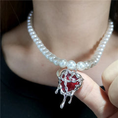 Lunivop Vintage Y2k Red Crystal Heart Aesthetic Pendant Pearl Beaded Necklace For Women Gothic EMO Christmas Rave Jewelry Accessories