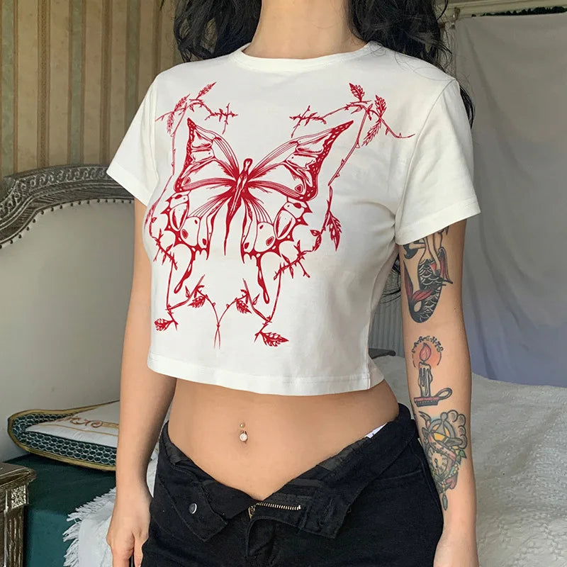 Lunivop Y2k Aesthetic clothing butterfly print Vintage round neck short sleeve t-shirts women summer streetwear baby tee y2k harajuku