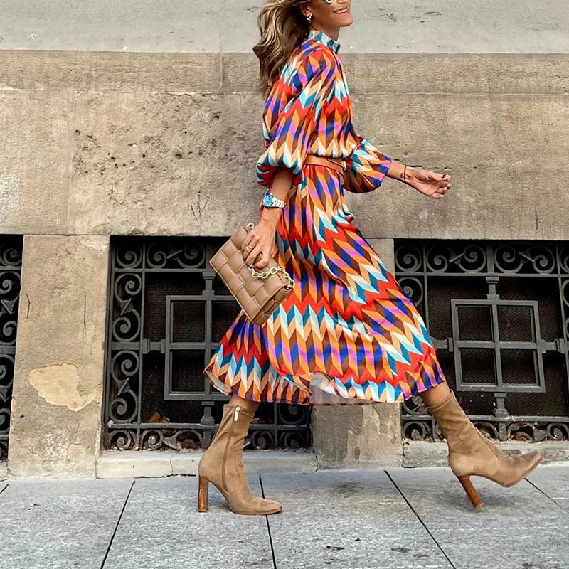 Lunivop   Fashion Women Geometric Prints Long Party Dress Summer Stand Neck Full Sleeves Charming Lady Mid-Calf Length Sundress