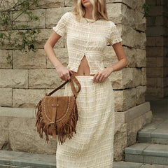 Lunivop  Two Piece Matching Skirt Sets for Women Clothing Short Sleeve Button Up Top Ruched Maxi Skirt Summer Beachwear