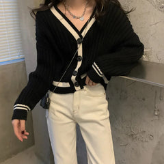 Lunivop Women Knit Cardigan Sweater with Contrast Trim V-Neck Button Up Boxy Sweater Jacket Autumn Winter Teen-girl Preppy Chic Outfit