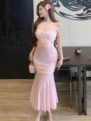 Lunivop  Pink Mesh Embroidery Chic Diamon Luxury Dress Women Elegant Neck-mounted Long Dress Summer Korean Bodycon One Piece Dresses