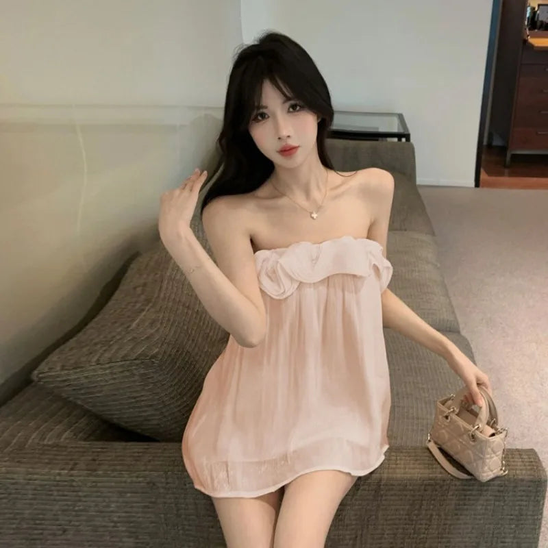 Lunivop  Tank Tops Women Ruffles Ruched Slash Neck Solid Slim Backless Sweet Elegant Camis Sexy Ladies Casual French Style Chic