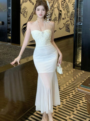Lunivop  Summer White Mesh Patchwork Ruffled Mermaid Dress Women Elegant Diamonds Neck-mounted Sexy Dress 2025 Korean Luxury Party Dress