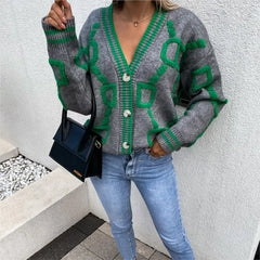 Lunivop  Woman Long Sleeve Sweater Short Loose Knitwear Jumper Autumn Winter V neck Striped Geometric Knitted Cardigan Vintage