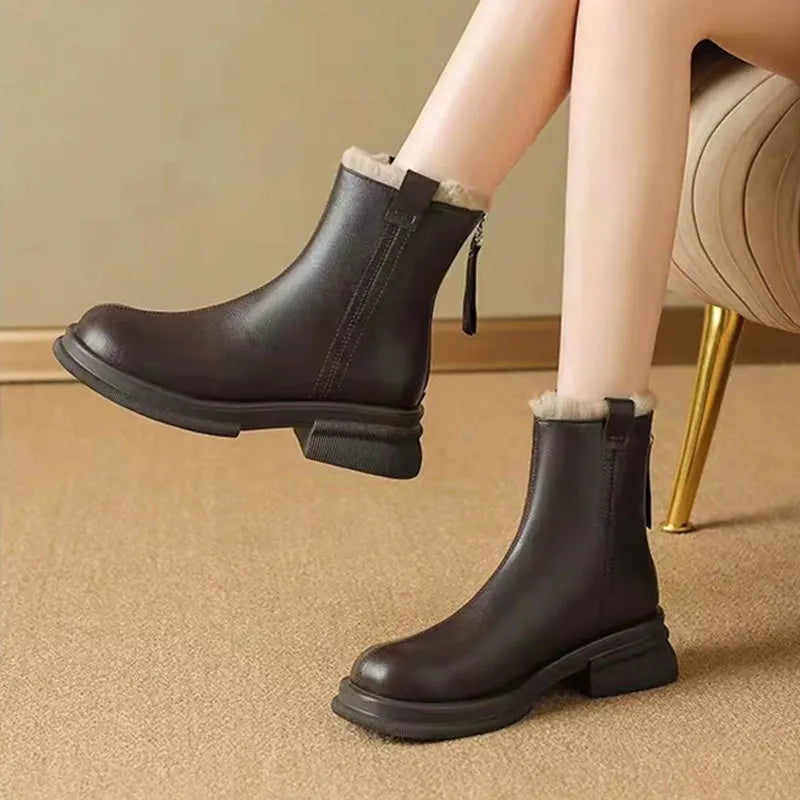 Lunivop Waterproof Winter Snow Boots Women Plus Velvet Cotton Women Shoes Black Leather Warm Platform Women's Back Zipper Ankle Boots