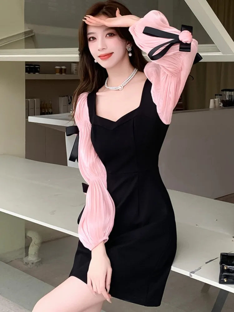 Lunivop  Autumn Sweet Princess Party Mini Dress for Women Elegant Rose Floral Bow Puff Sleeve Birthday Prom Vestidos Mujer Female Outfits