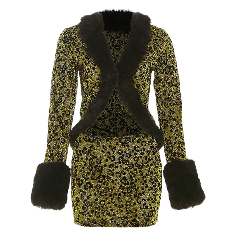 Lunivop  Women Sexy Furry Patchwork Glitter Leopard Fashion 2 Piece Set Long Sleeve Cardigan Tops + Bodycon Mini Skirts Casual Streetwear