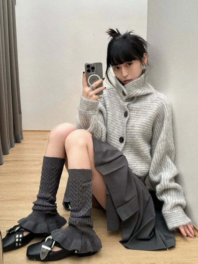 Lunivop Gray Turtleneck Knitted Cardigan Harajuku Korean Style Cropped Sweaters Gyaru Y2k Vintage Striped Loose Knitwears Basic