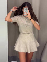 Lunivop Knitting O-neck T-shirt Mini Skirts Women Elegant Button Half Sleeve Tops Suits With Pleated Skirt Lady Autumn Office Outfits