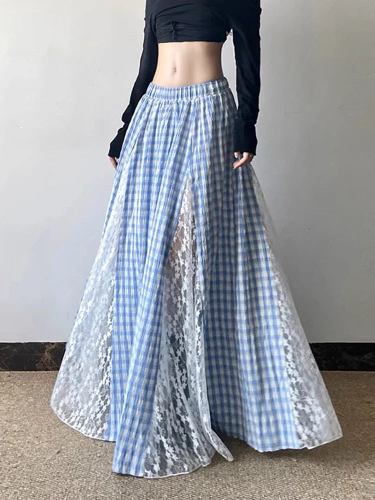 Lunivop  Lace Patchwork Plaid Long Skirts Women Vintage Loose Sexy A Line Skirt French Retro Elegant Lady Design Sweet Casual Skirt