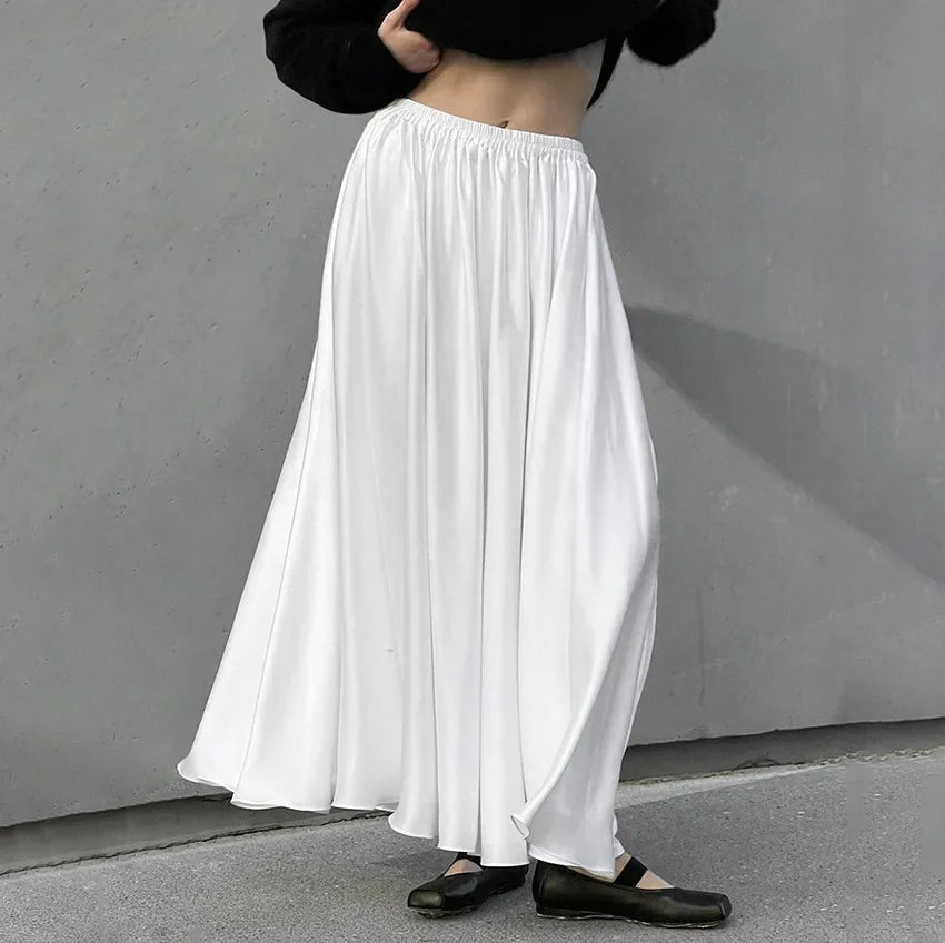 Lunivop White Satin Maxi Skirt for Women Elegant Fashion High Waist Slim Skirts Autumn Winter Casual Loose A-line Skirt with Lining 2024