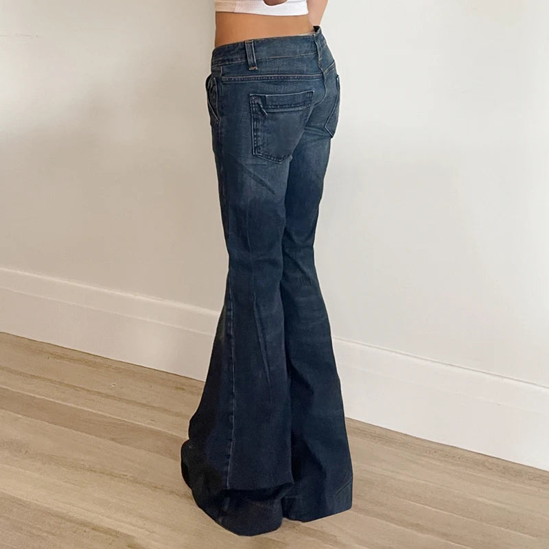 Lunivop  Blue Low Rise Flare Jeans Vintage 2000s Slim-fitting Denim Pants Korean Style Women Trousers y2k Distressed Mom Jeans 90s