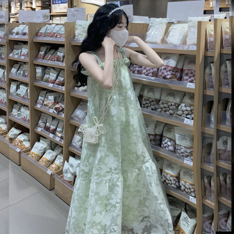 Lunivop  Chic Fashion Women Sweet Green Gauze Camisole Dresses Summer Casual All Match Preppy Style A-Line