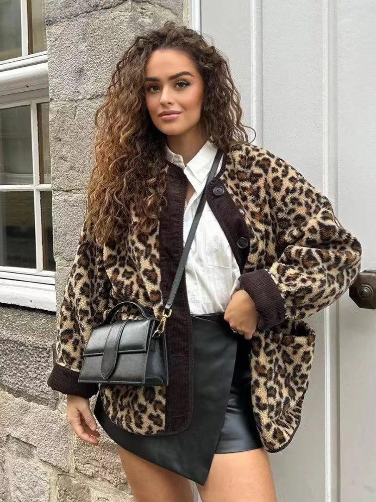 Lunivop Autumn Leopard Jacket Coat Women 2024 New Arrivals O Neck Single Breasted Jacket Casual Female Coat